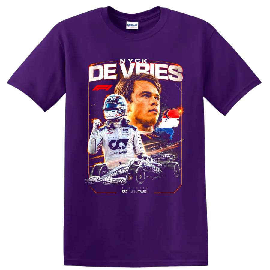 Nyck de Vries AlphaTauri Formula 1 racing collage with driver portrait and race car on a Purple T Shirt