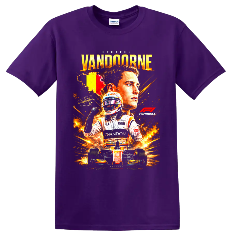 Stoffel Vandoorne McLaren Formula 1 racing collage with helmet, number 2 car and Belgian on a Purple T Shirt