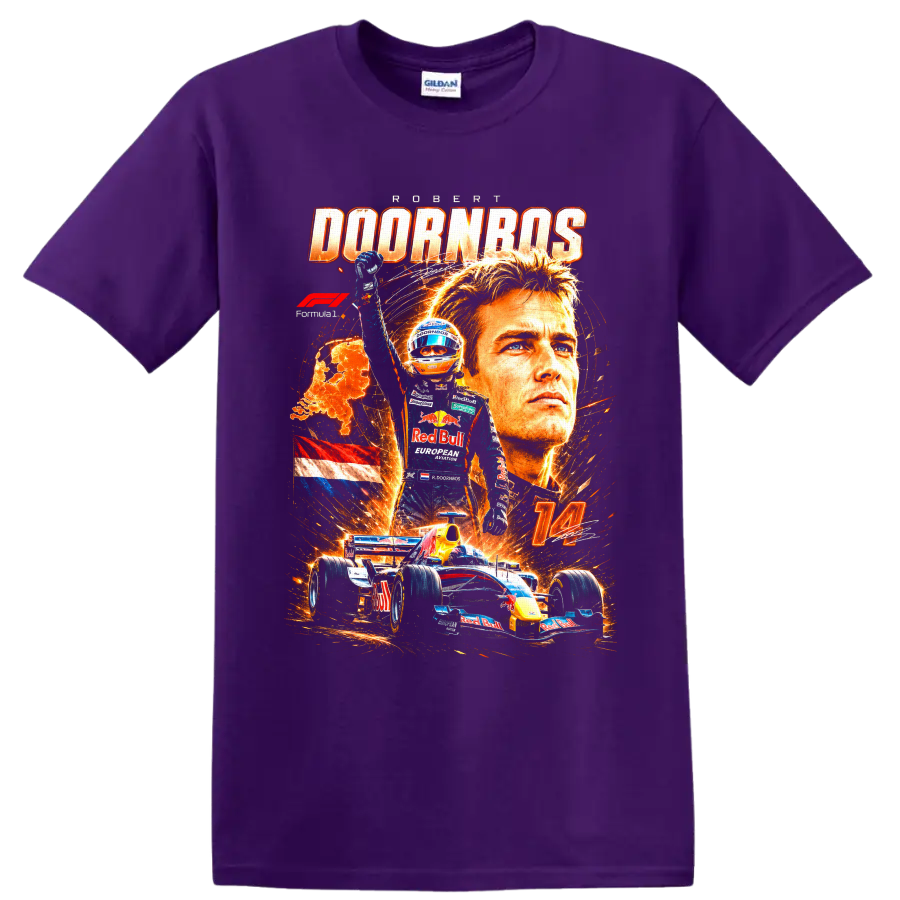 Robert Doornbos Red Bull Formula 1 number 14 fiery racing collage graphic on a Purple T Shirt