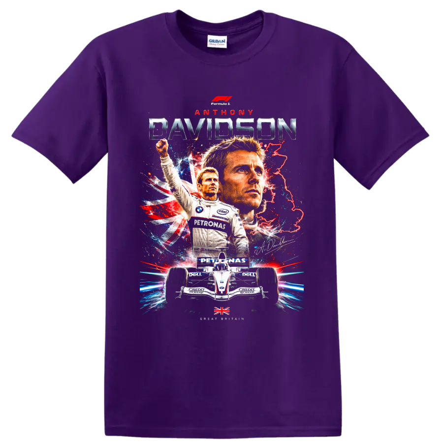 Anthony Davidson Formula 1 racing poster graphic with Union Jack and BMW Sauber car on a Purple T Shirt