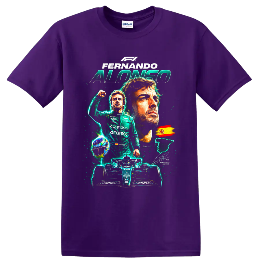 Fernando Alonso Formula 1 portrait collage with Aston Martin race car and Spanish flag on a Purple T Shirt