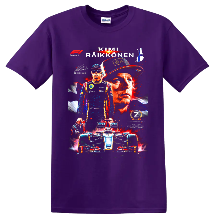 Kimi Räikkönen Formula 1 Lotus Renault portrait collage with race car and Finnish flag on a Purple T Shirt