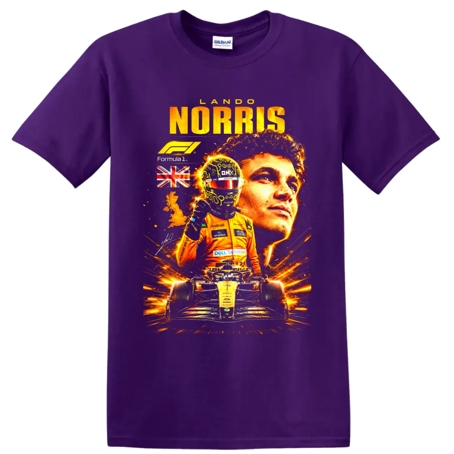 Lando Norris McLaren Formula 1 racing portrait with helmeted driver and race car on a Purple T Shirt