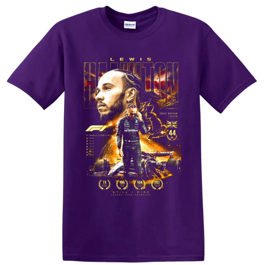 Lewis Hamilton Formula 1 championship collage with Mercedes-AMG Petronas car and number 44 on a Purple T Shirt