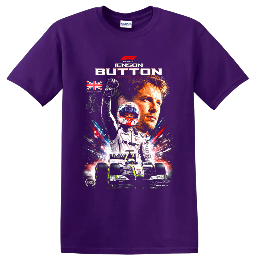 Jenson Button Brawn GP 2009 champion collage with car, helmet, trophy, and Union Jack on a Purple T Shirt