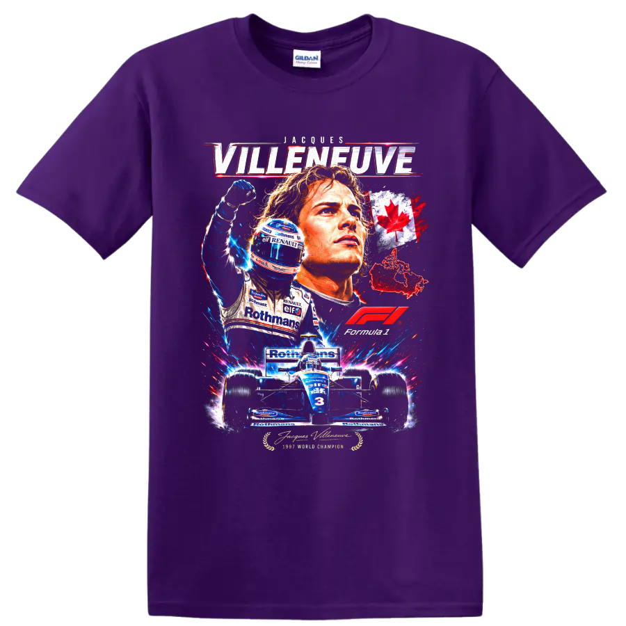 Jacques Villeneuve Williams Renault 1997 champion racing collage with Canadian maple leaf on a Purple T Shirt