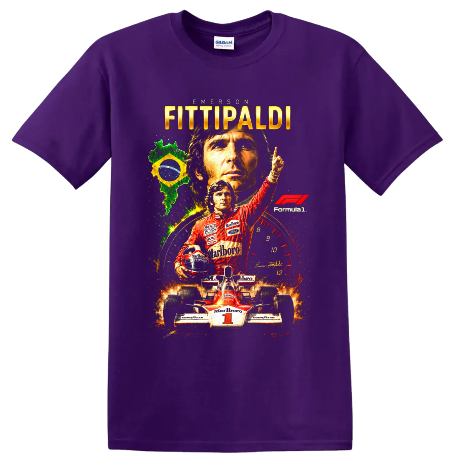 Emerson Fittipaldi Formula 1 racing collage with Brazil flag, number 1 car and portraits on a Purple T Shirt