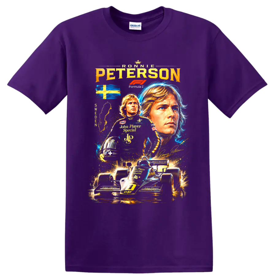 Ronnie Peterson Lotus Formula 1 collage with Swedish flag and black-and-gold race car on a Purple T Shirt