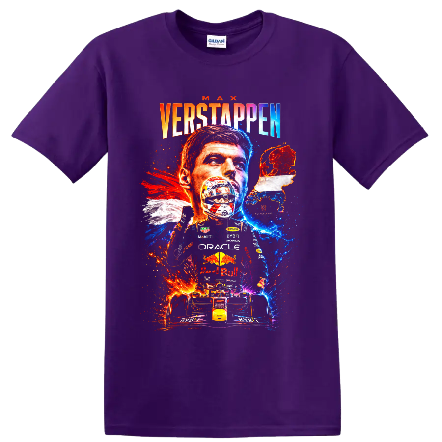 Max Verstappen Formula 1 portrait, helmet, race car, and Netherlands map graphic on a Purple T Shirt