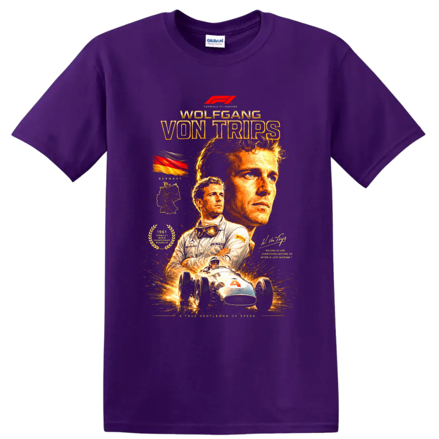 Wolfgang von Trips vintage racing portraits with German flag and open-wheel race car on a Purple T Shirt