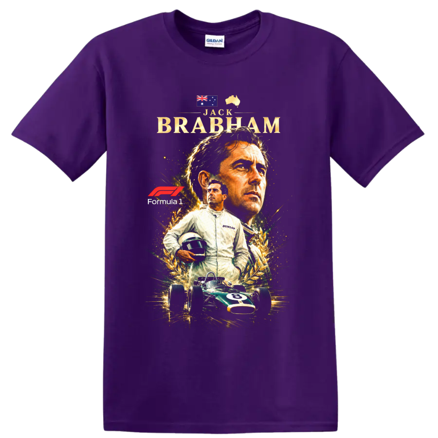 Jack Brabham Formula 1 tribute with Australian symbols, laurel art and vintage race car on a Purple T Shirt