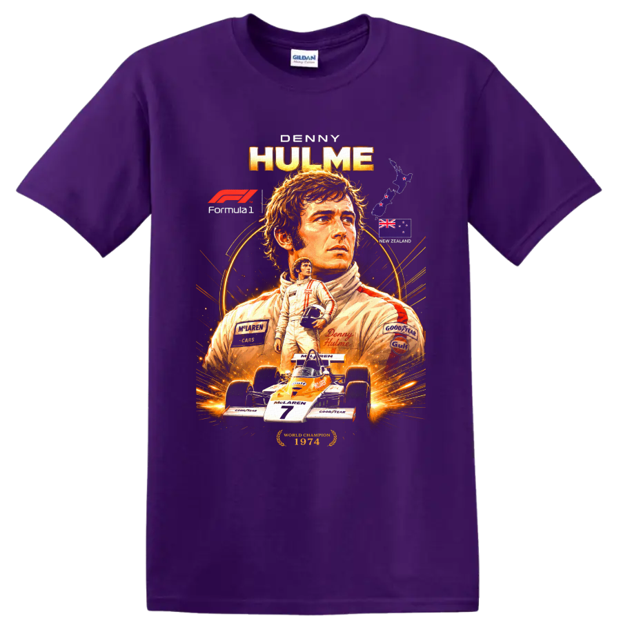 Denny Hulme Formula 1 portrait with McLaren race car and New Zealand flag artwork on a Purple T Shirt