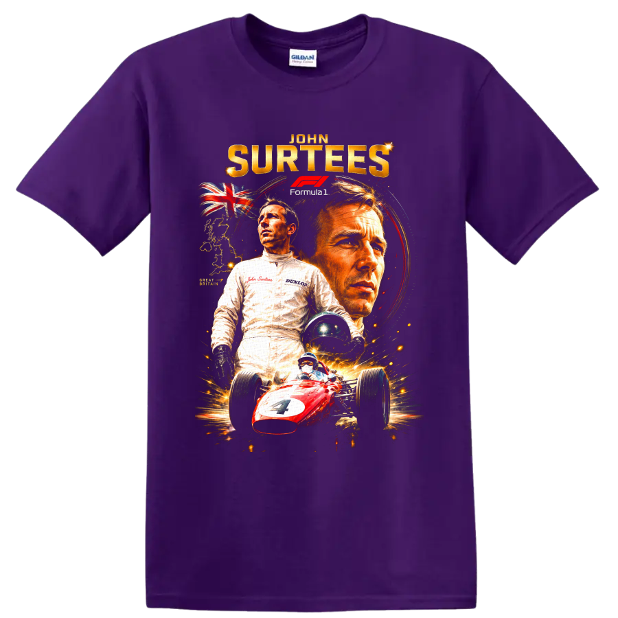 John Surtees Formula 1 collage with portraits, Union Jack, helmet, and red number 7 car on a Purple T Shirt
