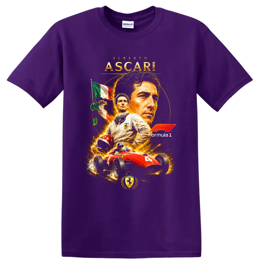 Alberto Ascari Ferrari Formula 1 portrait with red number 4 vintage race car on a Purple T Shirt