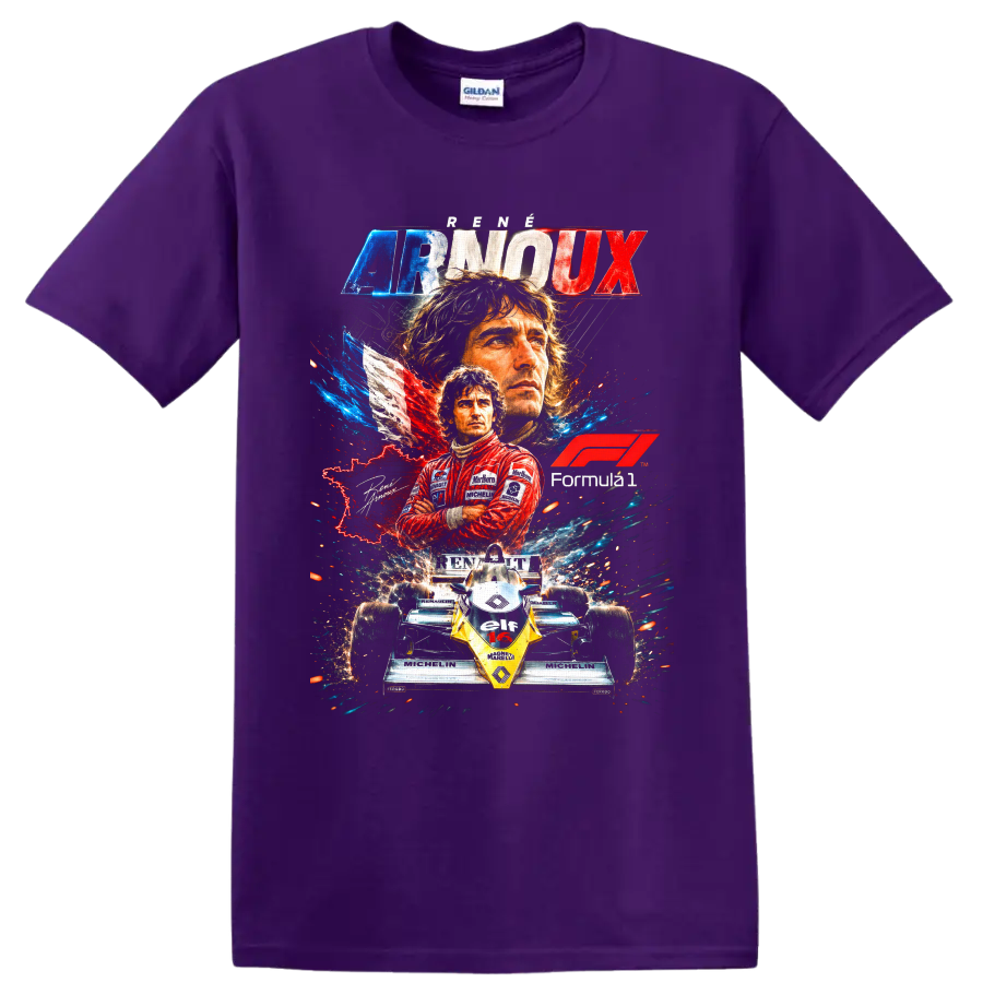 René Arnoux Renault Formula 1 retro collage with driver portraits and No. 16 race car on a Purple T Shirt