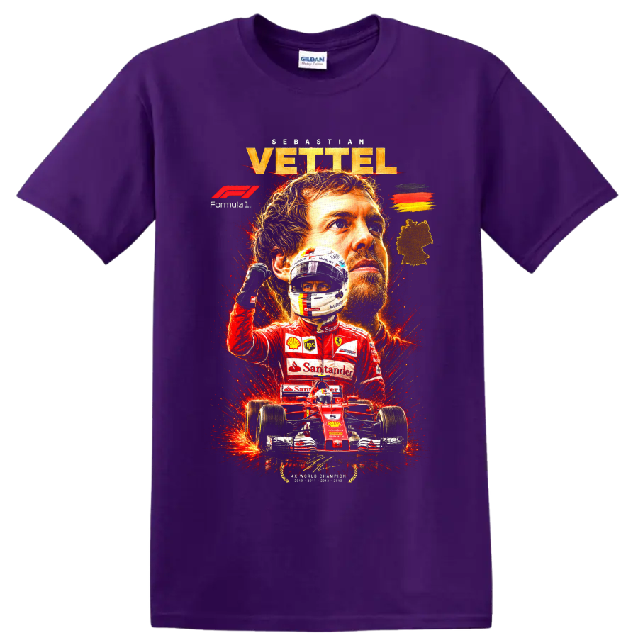 Sebastian Vettel Ferrari Formula 1 portrait, helmet, and red race car graphic on a Purple T Shirt