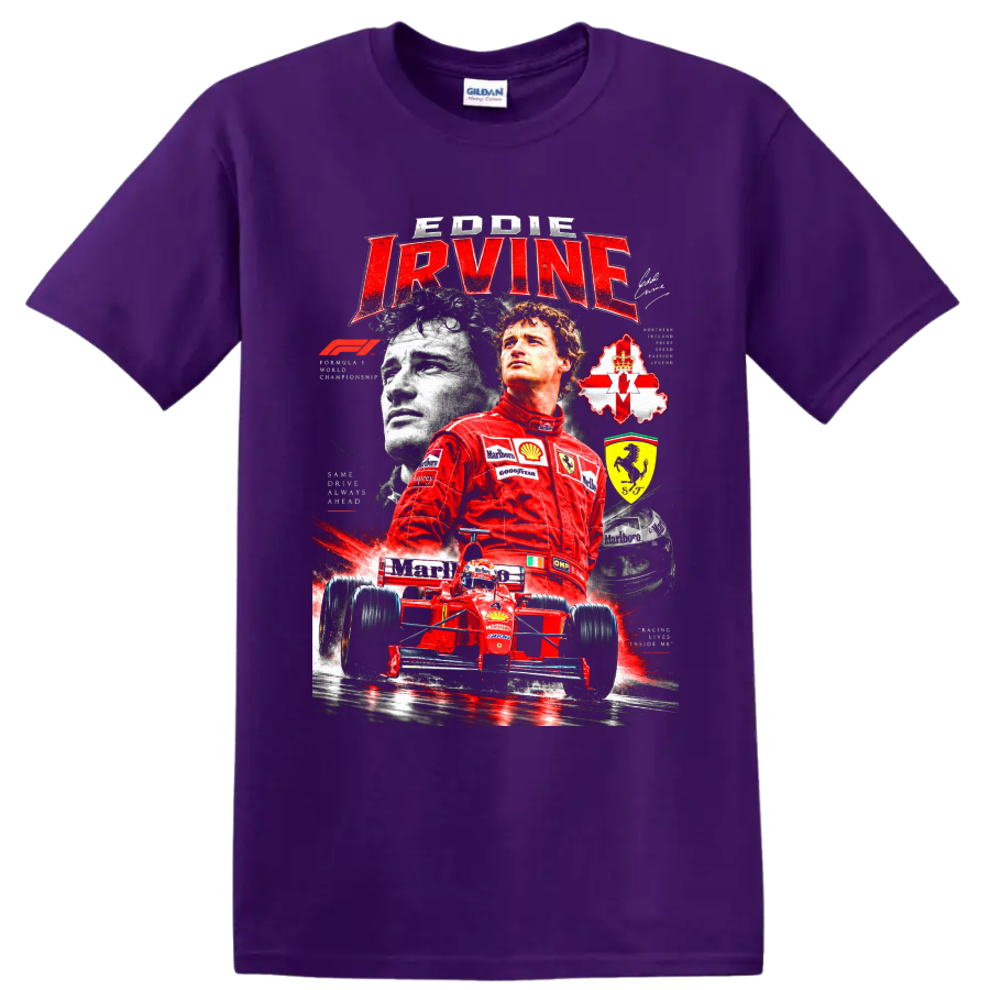 Eddie Irvine Ferrari Formula 1 collage with red race car, helmet, and Northern Ireland on a Purple T Shirt