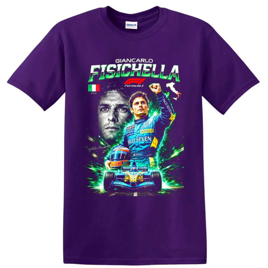 Giancarlo Fisichella Renault Formula 1 driver collage with race car and green energy on a Purple T Shirt