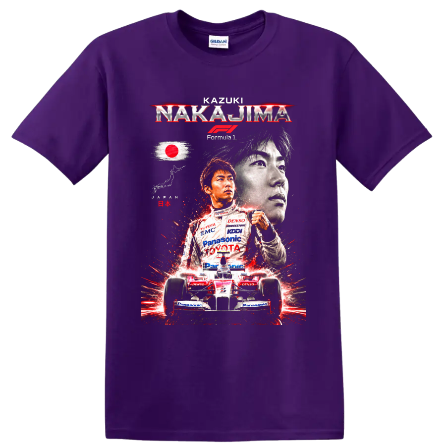 Kazuki Nakajima Toyota Formula 1 portrait and race car graphic with Japanese flag on a Purple T Shirt