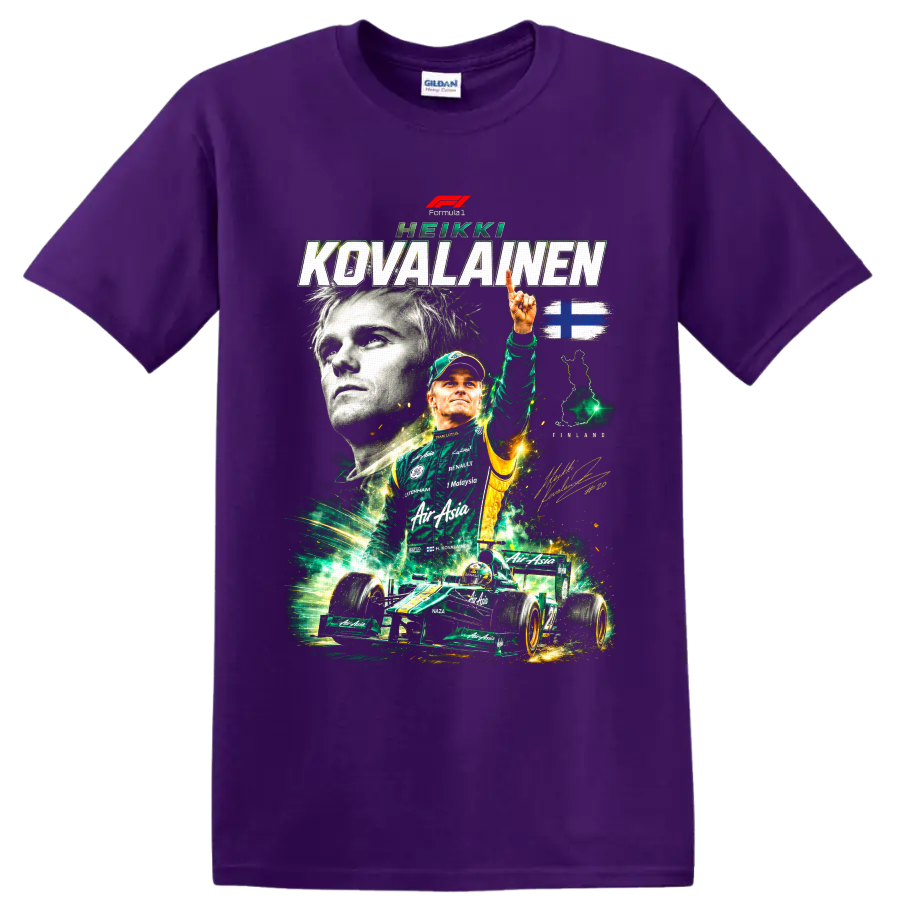 Heikki Kovalainen Formula 1 collage with green race car, Finland flag, and signature on a Purple T Shirt