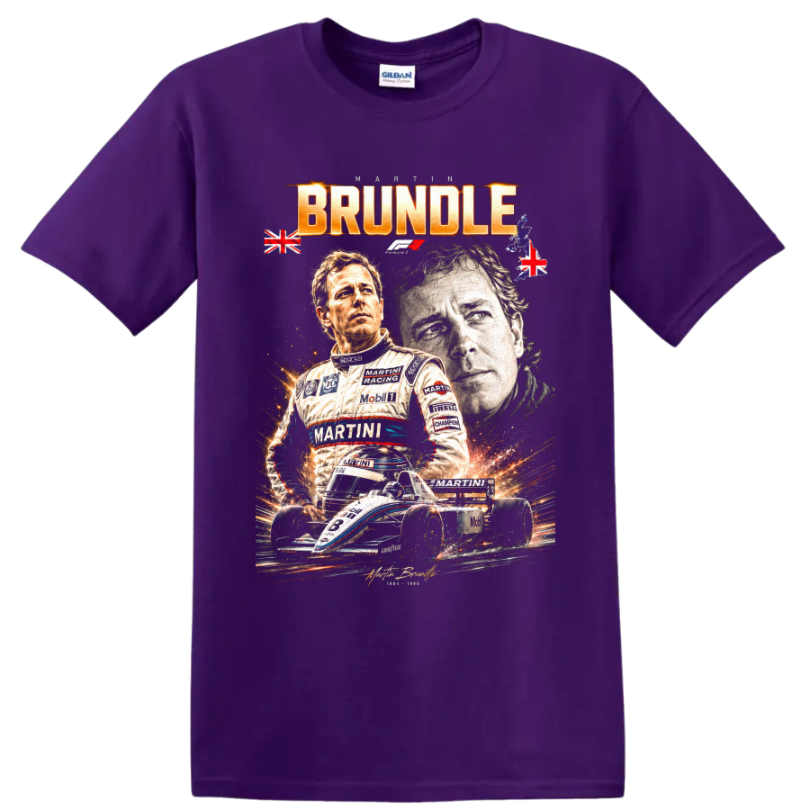 Dramatic Martin Brundle racing portrait collage with open-wheel car and BRUNDLE text on a Purple T Shirt