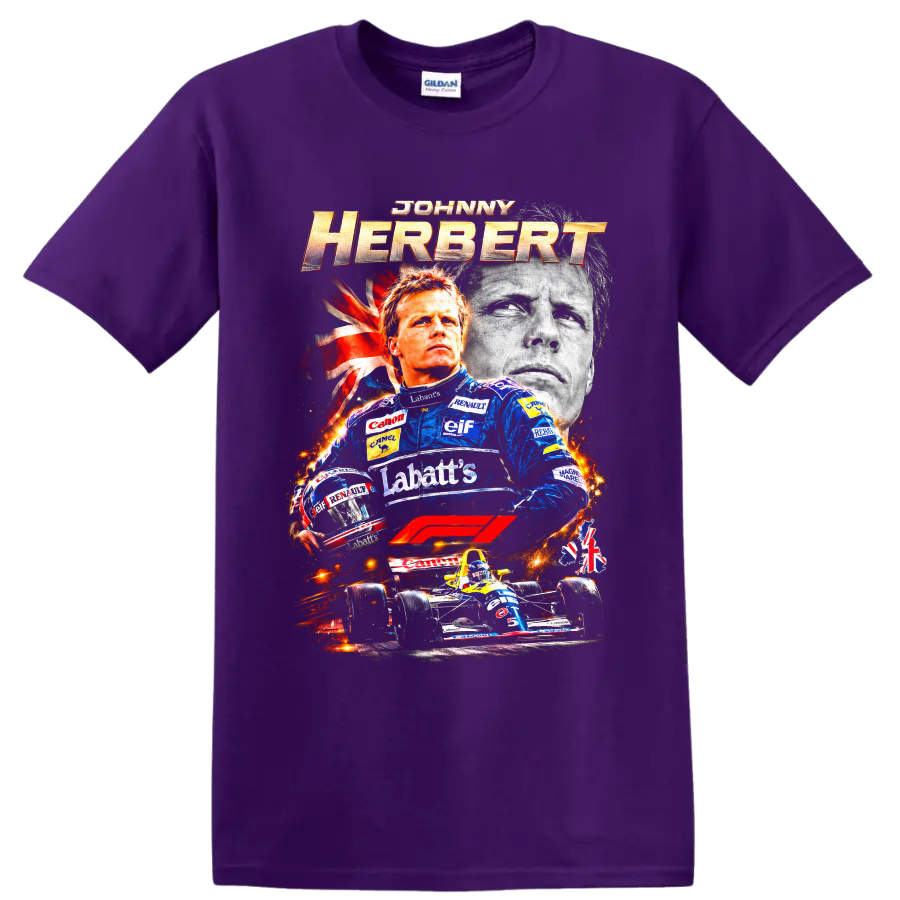 Johnny Herbert Formula 1 racing collage with Lotus suit, helmet, portrait, and race car on a Purple T Shirt
