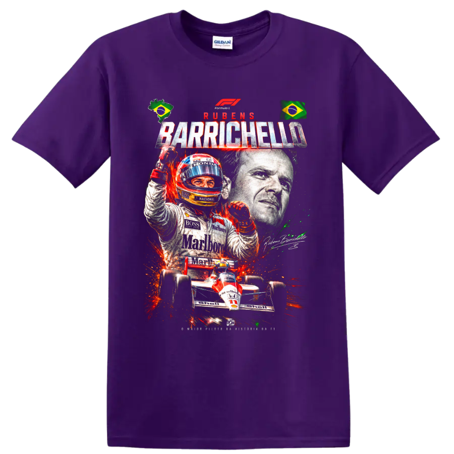 Rubens Barrichello racing collage with Brazilian flags, helmeted driver, and number 11 car on a Purple T Shirt