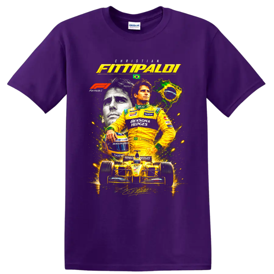 Christian Fittipaldi portrait with yellow open-wheel race car and Brazil-inspired graphics on a Purple T Shirt