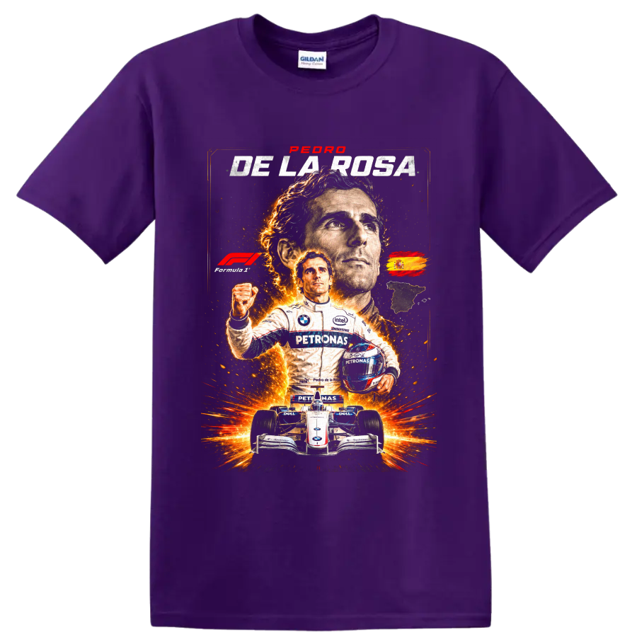 Pedro de la Rosa Formula 1 racing collage with BMW Sauber car, helmet, and fiery sparks on a Purple T Shirt