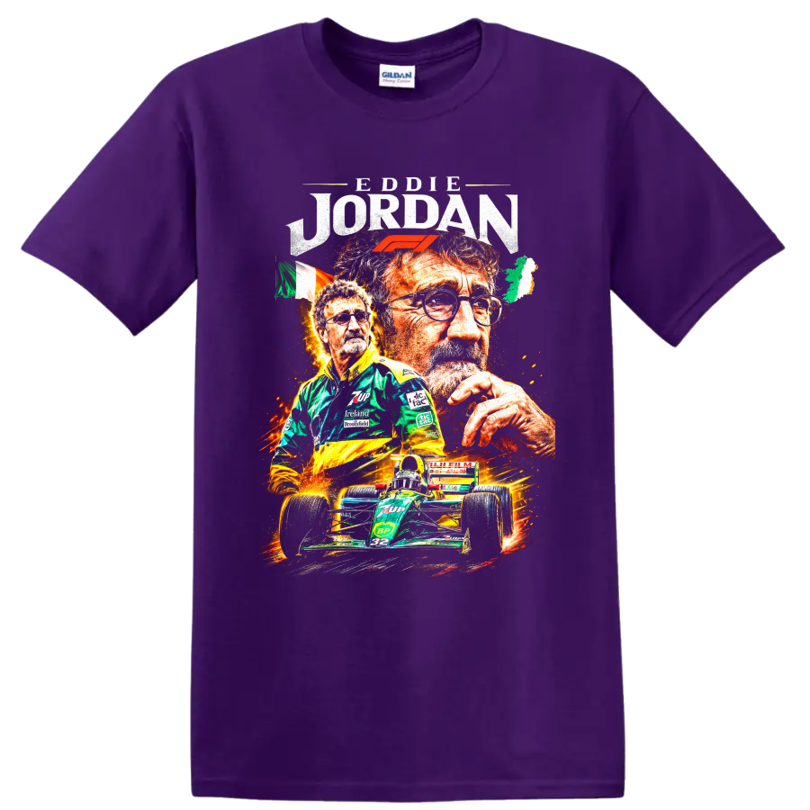 Eddie Jordan portraits with Formula 1 logo, Irish flag, and green number 32 race car on a Purple T Shirt
