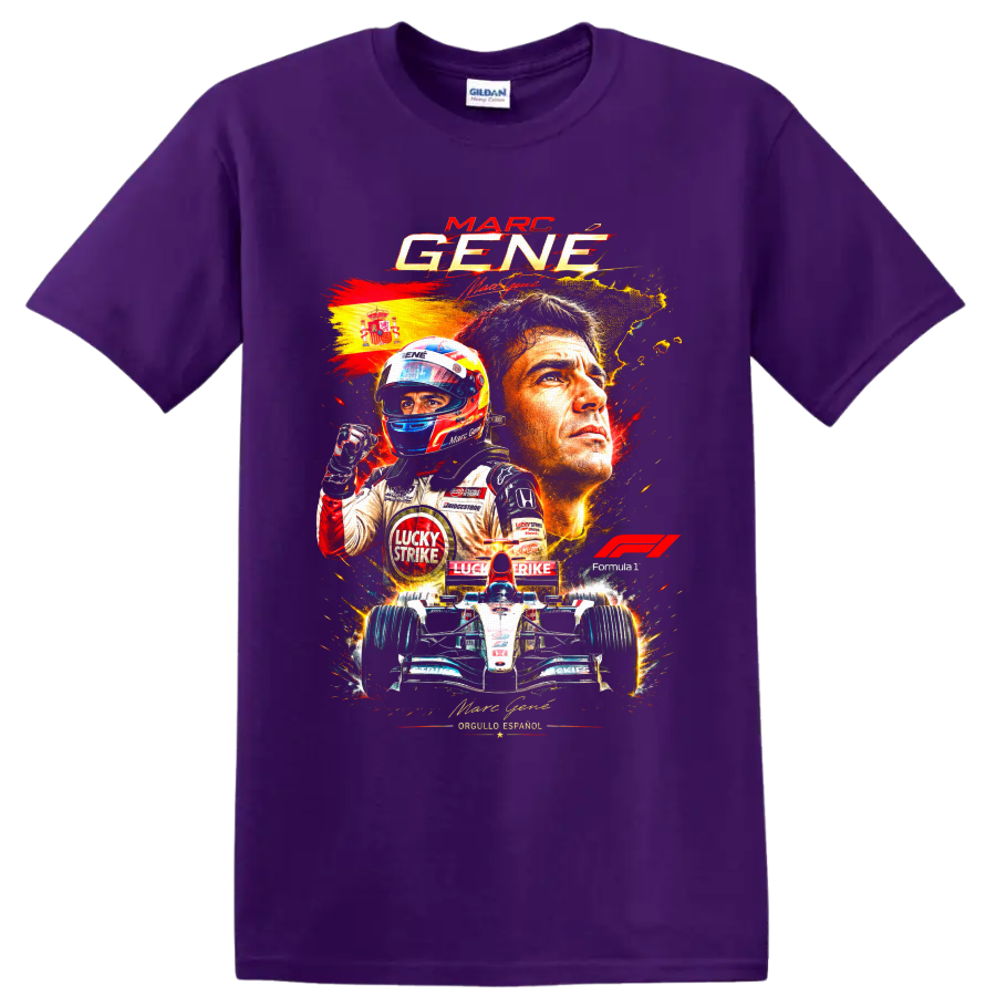 Marc Gene Formula 1 driver collage with Spanish flag, helmeted racer, and open-wheel car on a Purple T Shirt