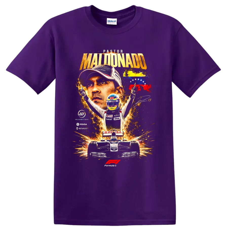 Pastor Maldonado Formula 1 portrait with Williams Renault car and Venezuelan flag artwork on a Purple T Shirt