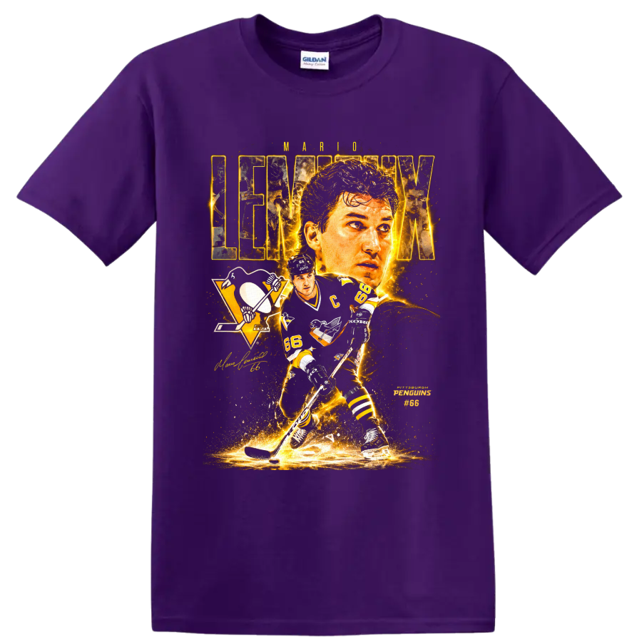 Mario Lemieux Pittsburgh Penguins No. 66 gold hockey collage graphic on a Purple T Shirt