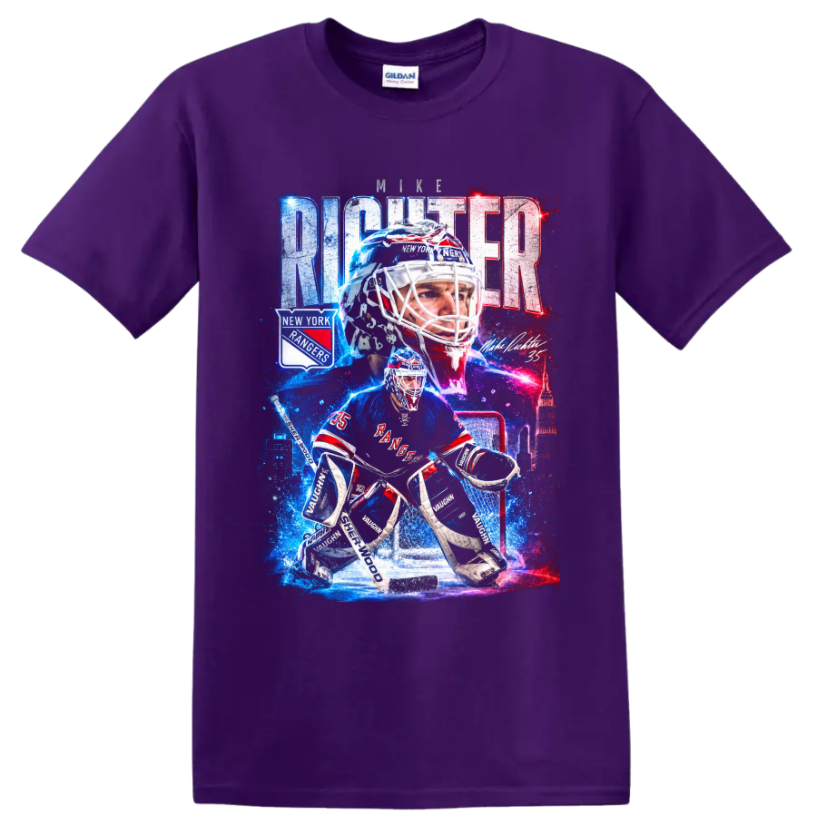 Mike Richter New York Rangers goalie collage with bold city skyline and hockey graphics on a Purple T Shirt