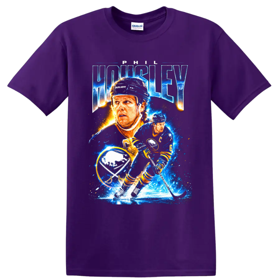 Phil Housley Buffalo Sabres hockey collage with bold name text and number 6 on a Purple T Shirt