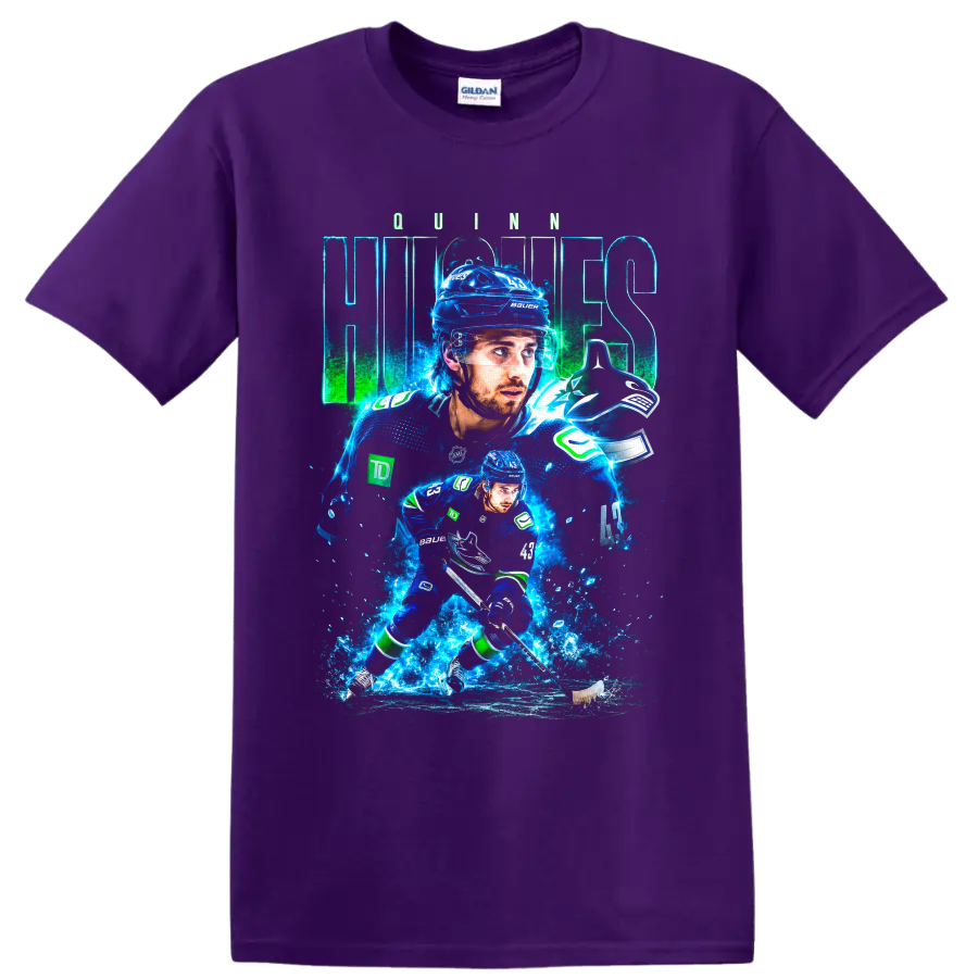 Quinn Hughes Vancouver Canucks hockey player collage with electric blue ice effects on a Purple T Shirt