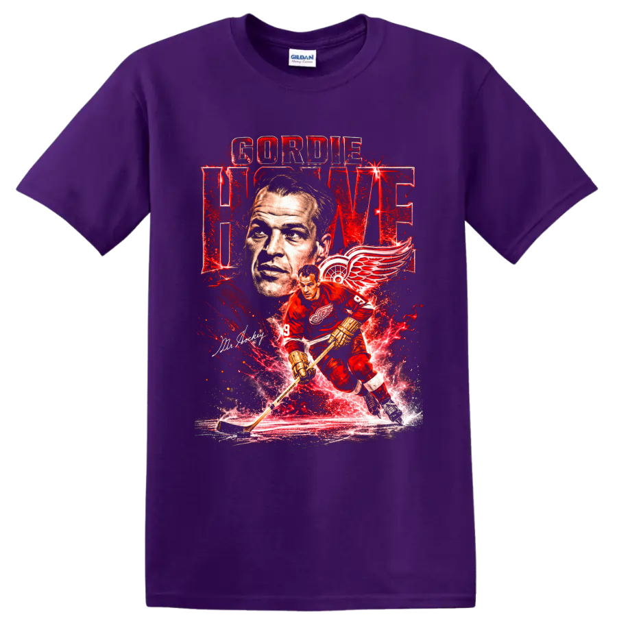Gordie Howe Detroit Red Wings vintage hockey portrait and action graphic with Mr Hockey on a Purple T Shirt