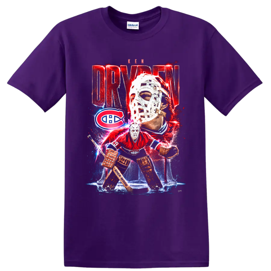 Ken Dryden Montreal Canadiens goalie collage with mask, net, and bold red lettering on a Purple T Shirt