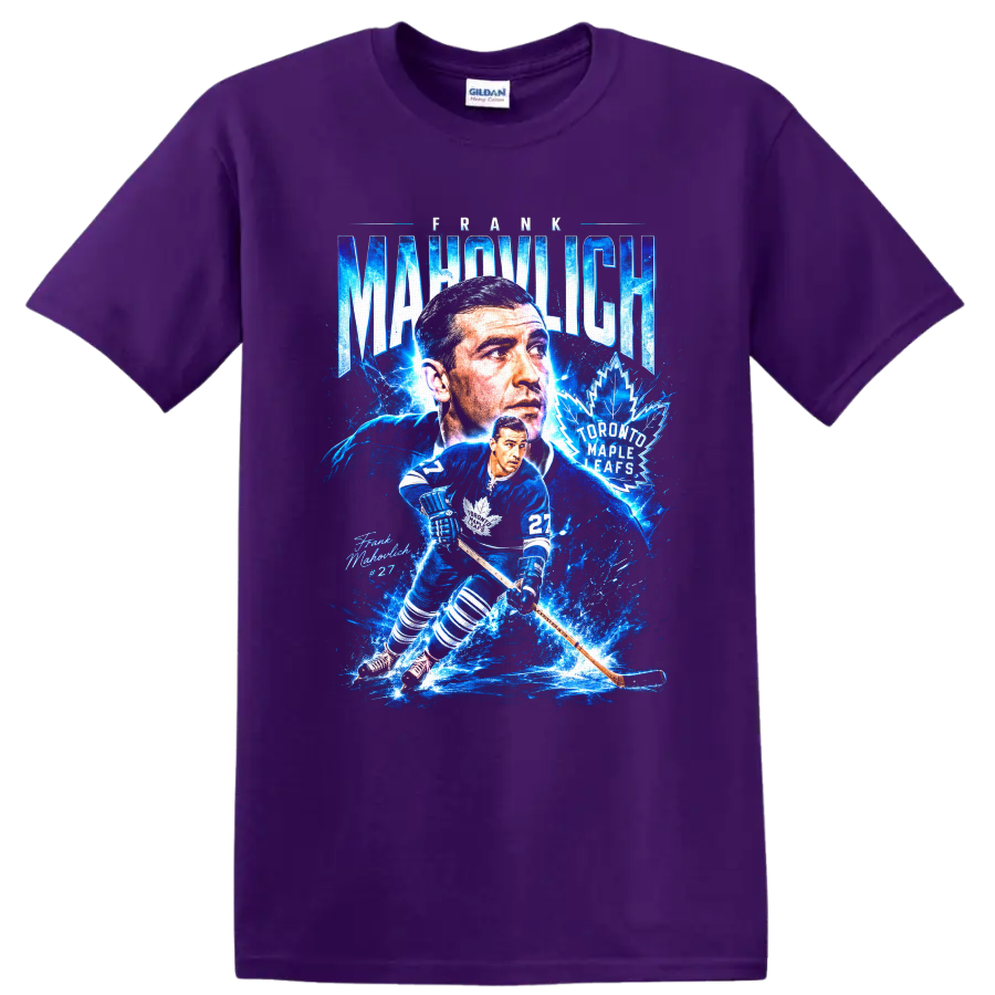 Frank Mahovlich Toronto Maple Leafs number 27 electric blue hockey collage graphic on a Purple T Shirt