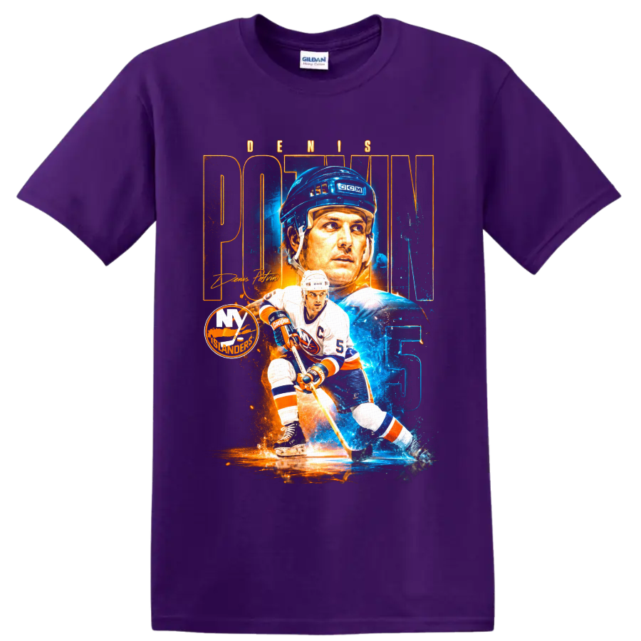 Denis Potvin New York Islanders number 5 hockey portrait and skating graphic print on a Purple T Shirt