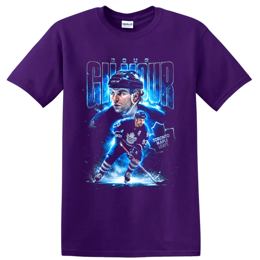 Doug Gilmour Toronto Maple Leafs hockey collage with electric blue action art on a Purple T Shirt