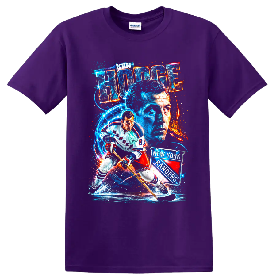 Ken Hodge New York Rangers number 8 hockey action and portrait graphic on a Purple T Shirt