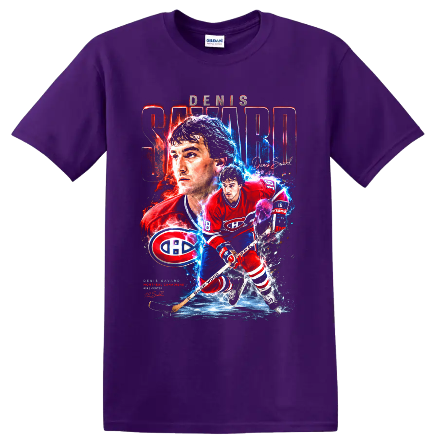 Denis Savard Montreal Canadiens hockey collage graphic with bold name lettering on a Purple T Shirt
