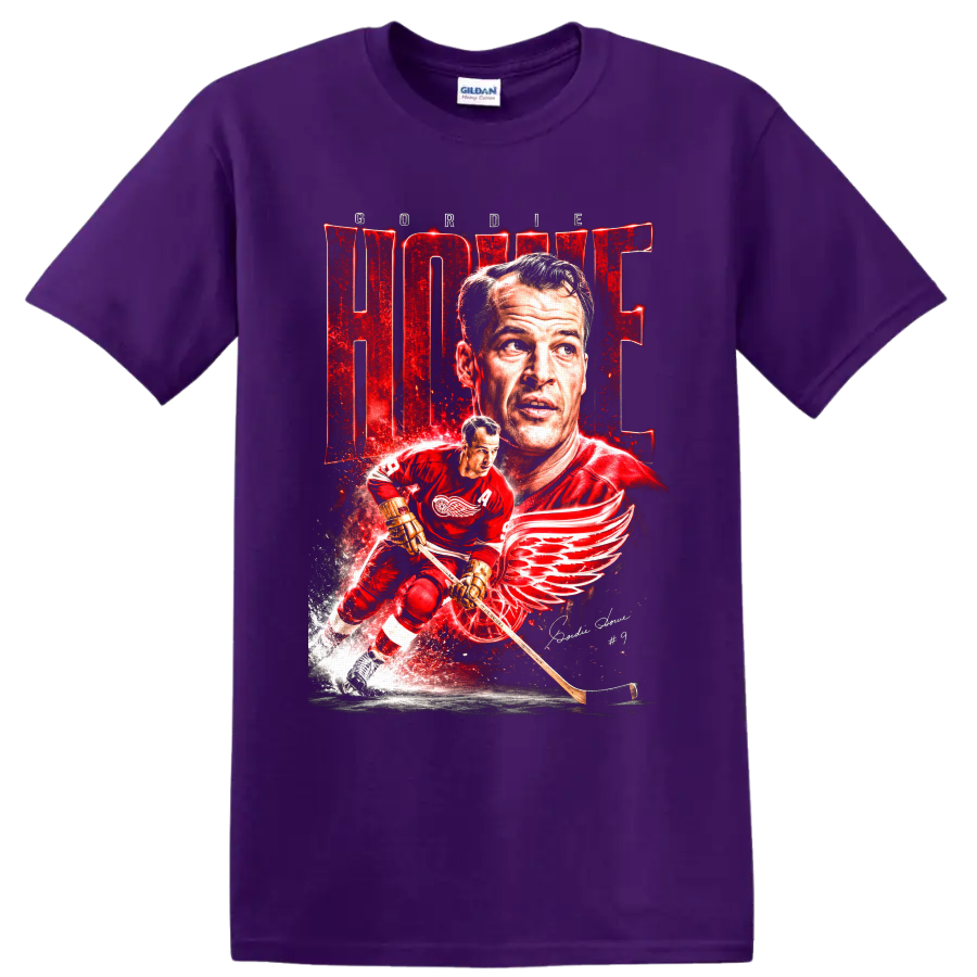 Gordie Howe Detroit Red Wings portrait and skating number 9 hockey graphic on a Purple T Shirt
