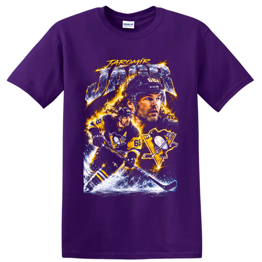 Jaromir Jagr number 68 Pittsburgh hockey electric collage graphic with icy action art on a Purple T Shirt