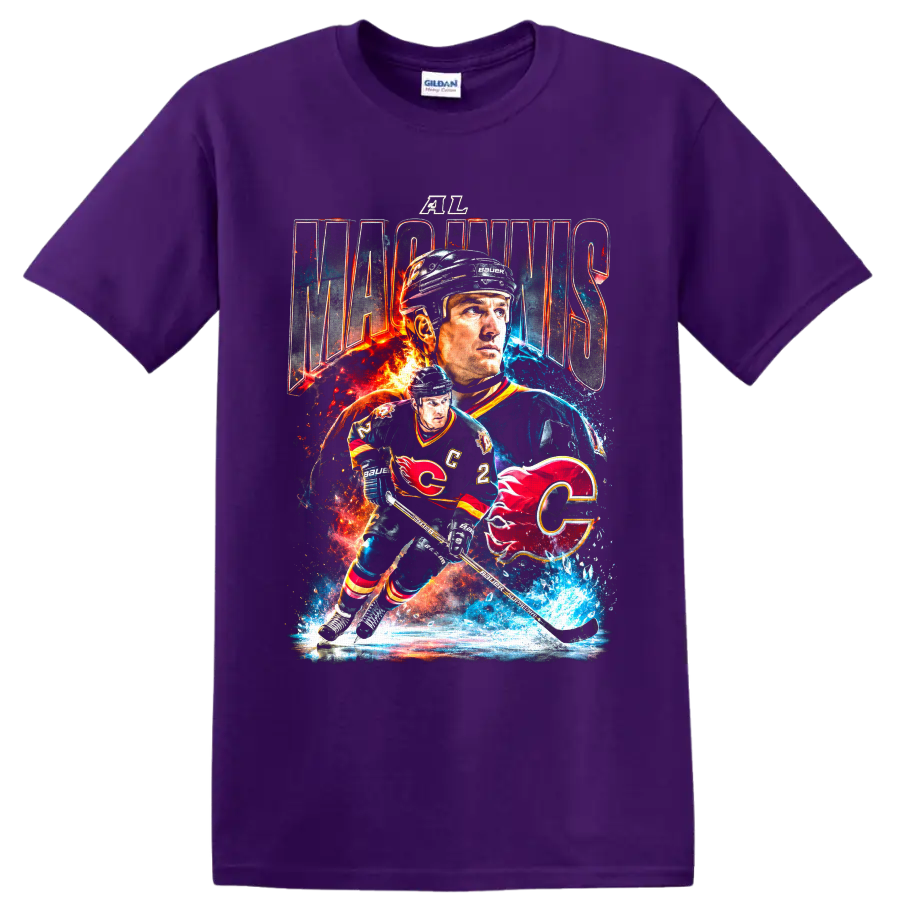 Al MacInnis Calgary Flames hockey collage graphic with fiery ice effects on a Purple T Shirt