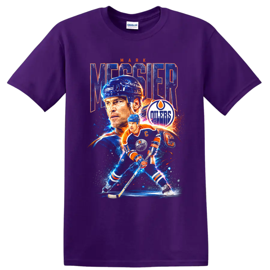 Mark Messier Edmonton Oilers hockey portrait and action graphic with distressed lettering on a Purple T Shirt