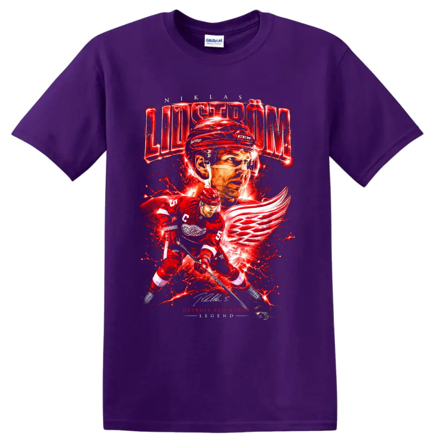 Nicklas Lidström Detroit Red Wings hockey action graphic with winged-wheel artwork on a Purple T Shirt