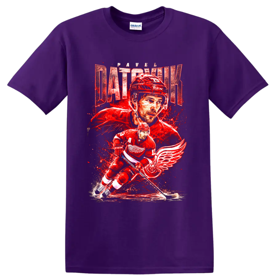 Pavel Datsyuk Detroit Red Wings hockey action graphic with distressed name lettering on a Purple T Shirt
