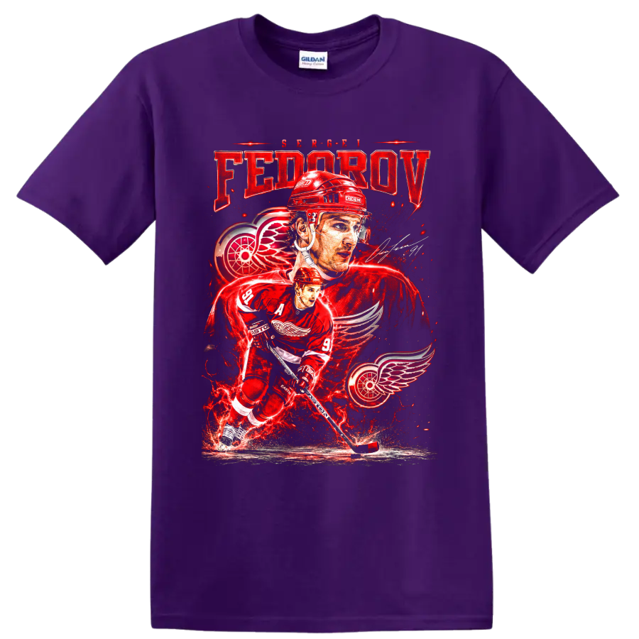 Sergei Fedorov Detroit Red Wings hockey portrait and skating action graphic on a Purple T Shirt